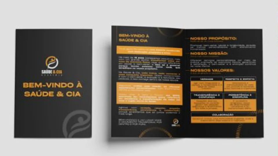 Seleção de materiais institucionais e promocionais, incluindo peças da Saúde & Cia